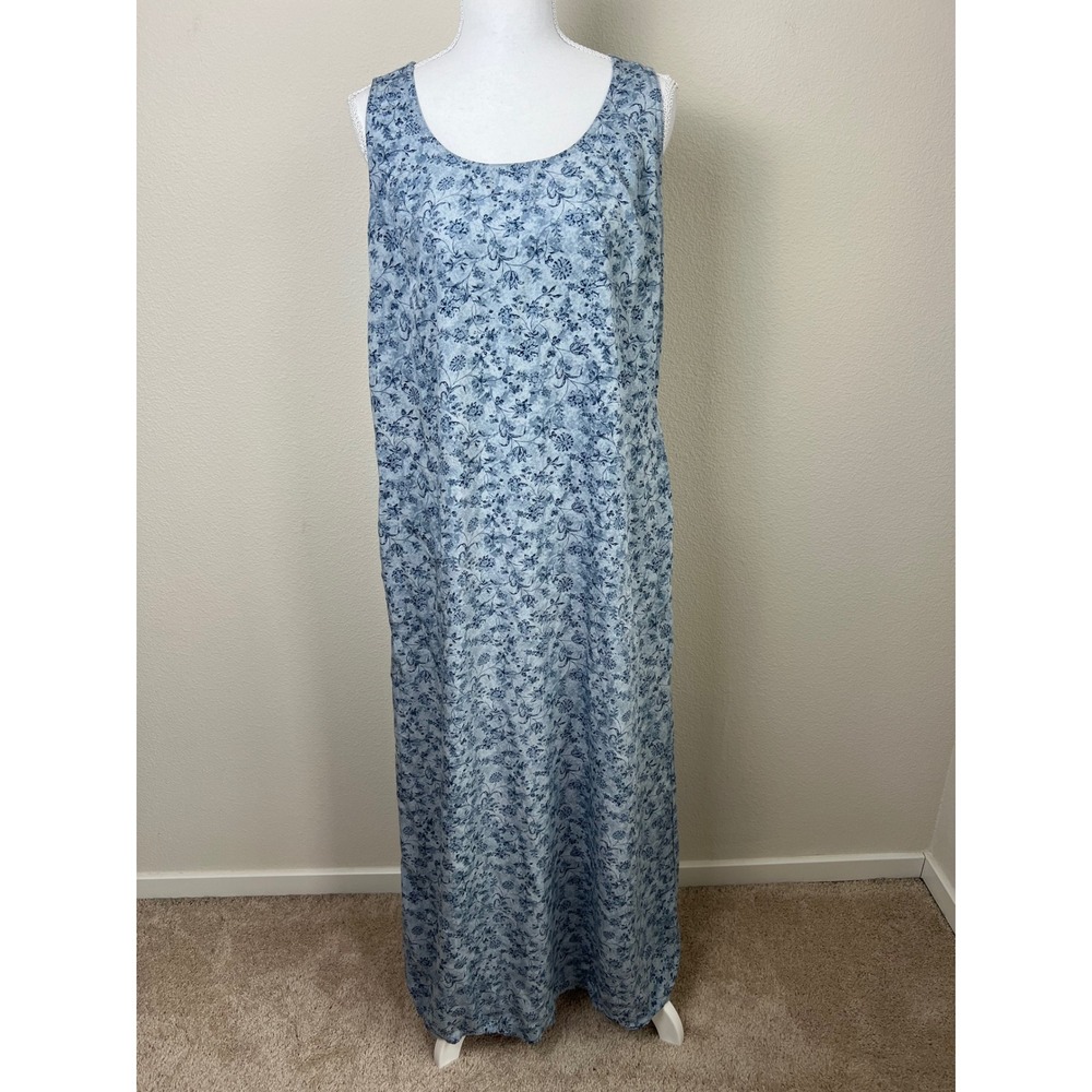 VTG Liz Claiborne Rayon Floral Maxi Dress Blue Sleeveless Pockets L Garden Party